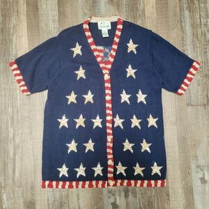 THE QUACKER FACTORY Cardigan M Red White Blue Sequins American Flag Patriotic